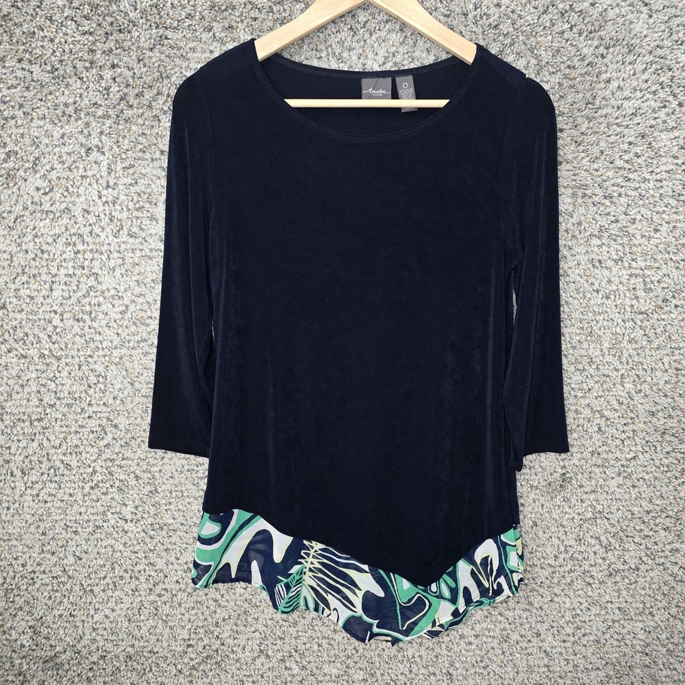 Chicos Travelers Top Womens 0 US Small Navy Blue Slinky Long Sleeve Blouse